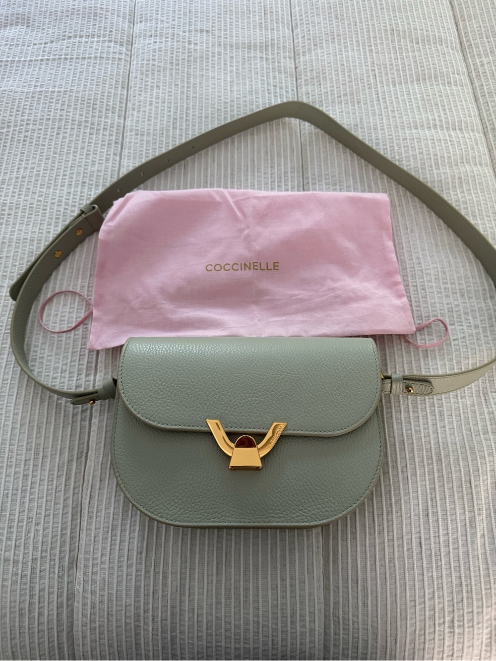 Coccinelle Mint Green Pebbled Leather Crossbody with Gold Clasp